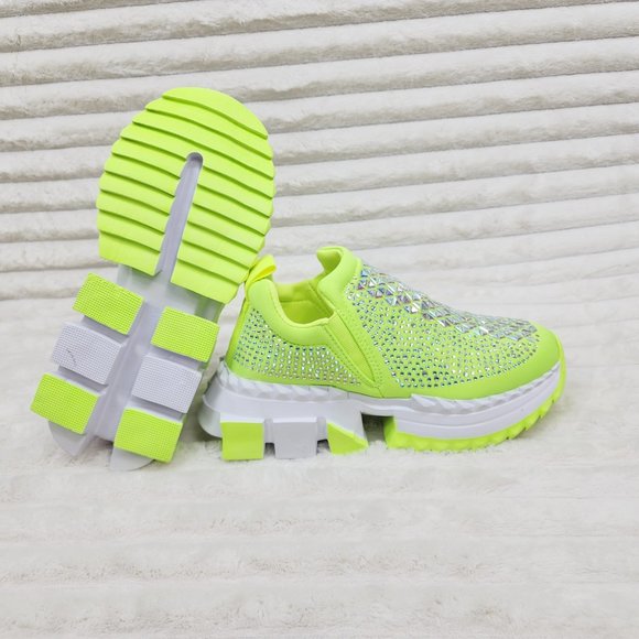 Presto Light Weight Slip on Neon Yellow Rhinestone Sneakers - Running Shoes J - Picture 3 of 14